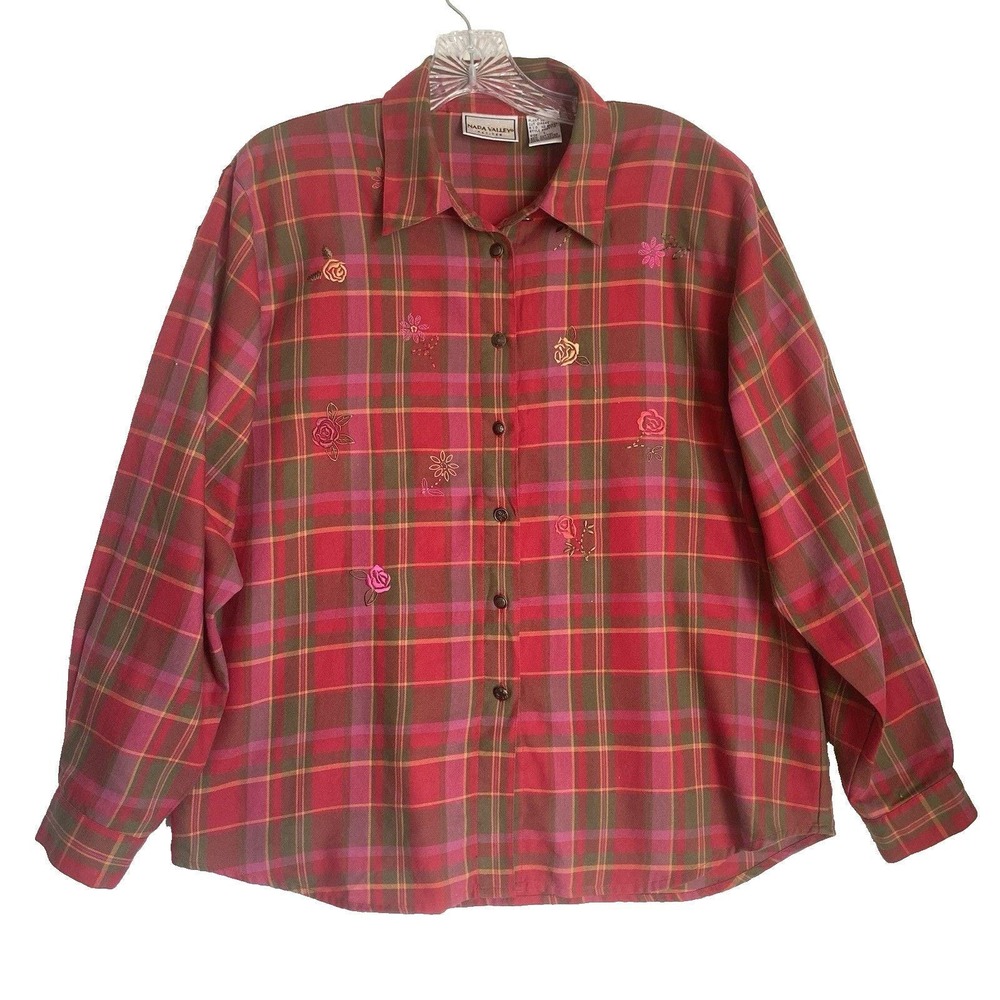 Vintage Nappa Valley Flannel Shirt Women L Red Plaid Embroidered Floral Boho